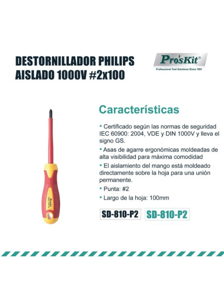DESTORNILLADOR PHILIPS AISLADO 1000V P2X100MM PROSKIT
