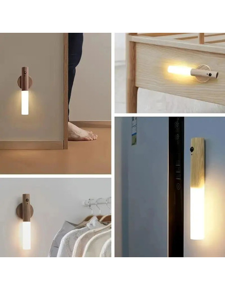 APLIQUE PARED MAGNETICO USB SENSOR MOV LUZ CALIDA MADERA