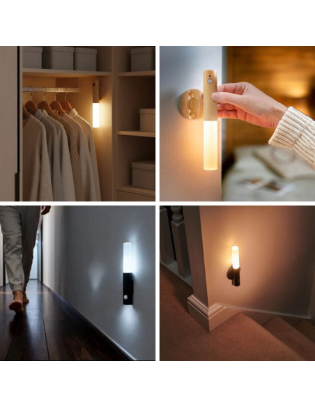 APLIQUE PARED MAGNETICO USB SENSOR MOV LUZ CALIDA MADERA