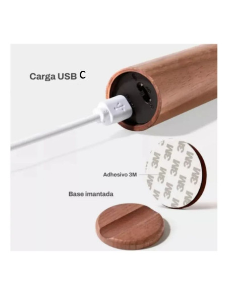 APLIQUE PARED MAGNETICO USB SENSOR MOV LUZ CALIDA MADERA