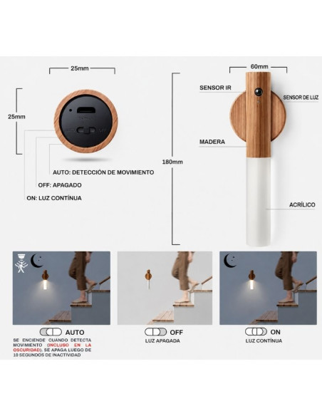 APLIQUE PARED MAGNETICO USB SENSOR MOV LUZ CALIDA MADERA