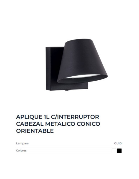 APLIQUE PARED OSTENDE CONICO C INTERRUPTOR GU10 NEGRO
