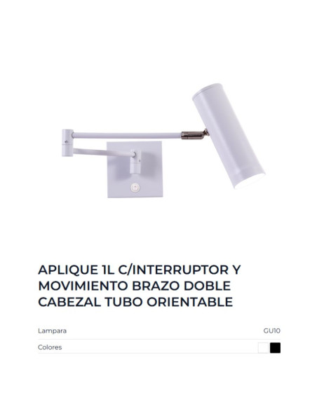 APLIQUE PARED OSTENDE DOBLE BRAZO MOVIL INTERRUPTOR GU10 BL