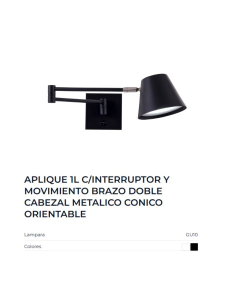 APLIQUE PARED OSTENDE DOBLE BRAZO MOVIL INTERRUPTOR GU10 NEG