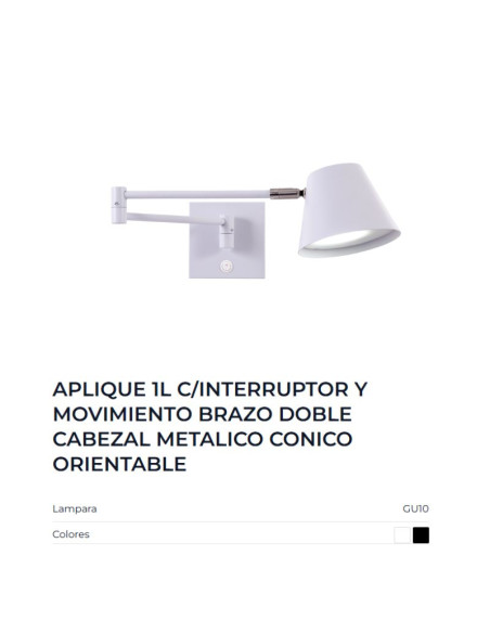 APLIQUE PARED OSTENDE DOBLE BRAZO MOVIL INTERRUPTOR GU10 BL