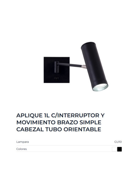 APLIQUE PARED OSTENDE BRAZO MOVIL INTERRUPTOR GU10 NEGRO